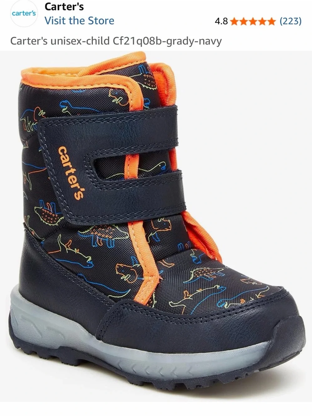 Carter's Navy Kids Snow Boots with Orange Trim and Dino Print